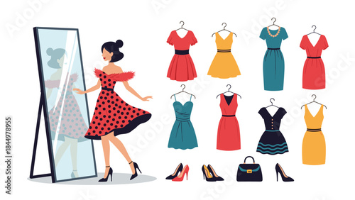 Young woman trying on a new dress in front of a mirror, with a collection of other outfits and accessories beside her.