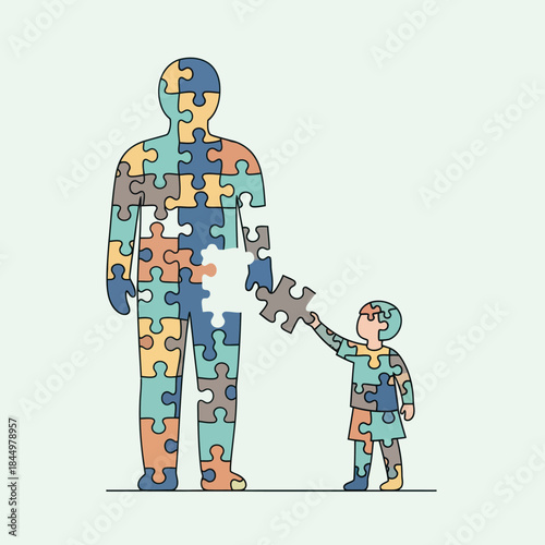 Child completing puzzle of adult figure, symbolizing connection and support.