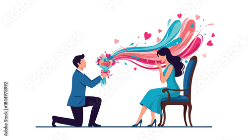 Man kneeling to propose with a magical bouquet of flowers that transforms into a colorful splash of love and abstract shapes.