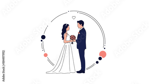 A minimalist and elegant wedding illustration of a bride and groom standing together inside a decorative circular frame.