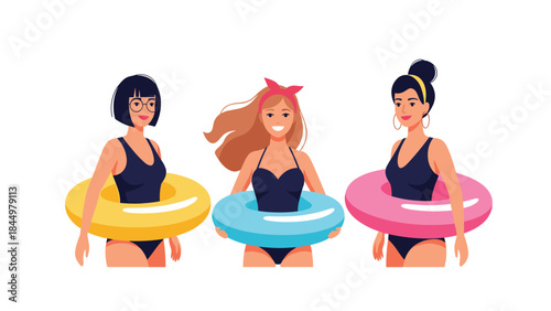 Three happy young women in swimsuits holding colorful inflatable rings, ready for a fun summer pool party or beach day.