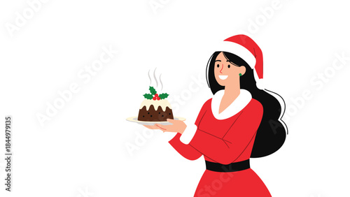 A cheerful young woman in a Santa costume holding a steaming, freshly made Christmas pudding decorated with holly on a plate.