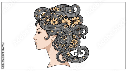 An elegant profile portrait of a beautiful woman with an elaborate hairstyle full of intricate gray curls, flowers, and stars.