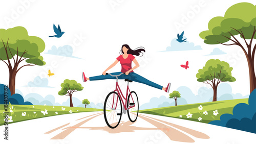 Joyful young woman having fun riding a bicycle with her legs outstretched in a beautiful green park on a sunny day.