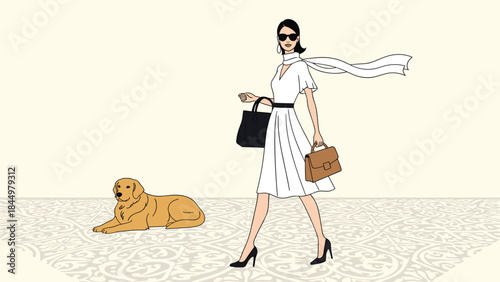 An elegant and stylish woman in a white dress and sunglasses walking, with her golden retriever dog resting beside her.
