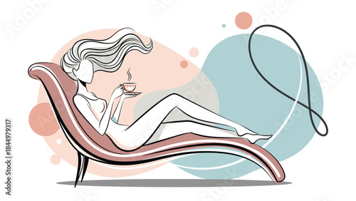 A minimalist line art drawing of a graceful woman relaxing on a chaise lounge, enjoying a hot cup of coffee or tea.