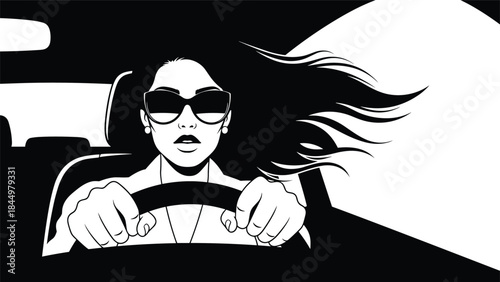 A black and white comic-style illustration of a confident woman with sunglasses driving a car, her long hair blowing wildly.