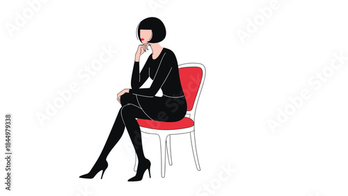 A minimalist and chic illustration of a mysterious woman with a bob haircut, sitting elegantly on a red chair in thought.