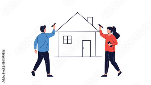 A young couple working together to draw a simple outline of their dream house, symbolizing their future plans and teamwork.