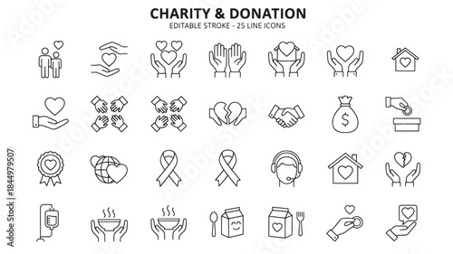 Charity and donation line icons set including hands and hearts on transparent background