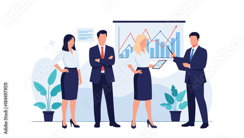 A professional business team of four people in a meeting, discussing a growth chart presented on a whiteboard in the office.
