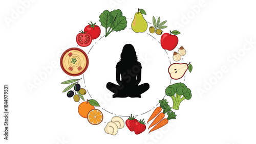 A silhouette of a woman meditating in a lotus pose, enclosed in a circular frame made of healthy fruits and vegetables.