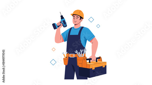 A confident and professional handyman in a hard hat, holding a drill and a toolbox, ready for home repair and maintenance.
