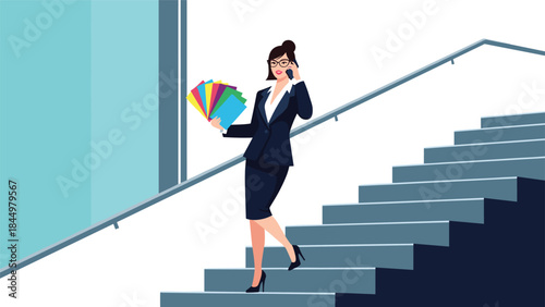A busy and efficient businesswoman in a suit talking on the phone while walking down the stairs and carrying important files.