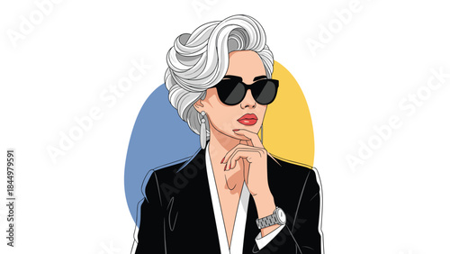 Pop art portrait of a sophisticated and stylish woman with silver hair and sunglasses, looking thoughtful against a colorful background.