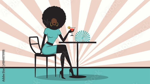 Chic African American woman with a large afro hairstyle enjoying a cocktail at a cafe table in a retro 70s style illustration.