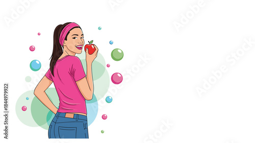 Healthy and happy young woman in casual clothes smiling and eating a fresh red apple, with colorful bubbles in the background.