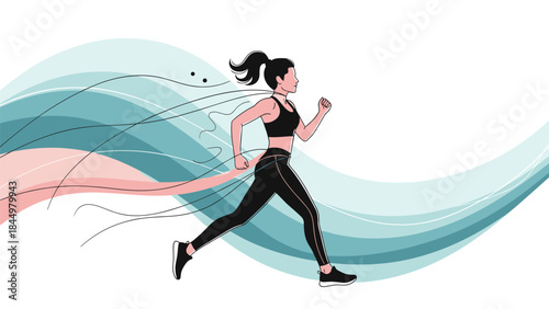 Athletic woman in sportswear running or jogging with dynamic, abstract wavy lines illustrating her speed and energetic movement.
