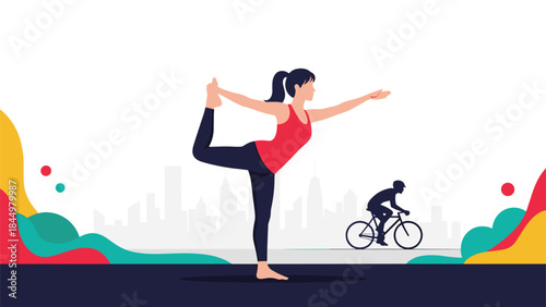 Woman practicing the Lord of the Dance yoga pose in a city park with a modern skyline and a person cycling in the background.