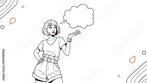 Pop art style drawing of a thoughtful woman gesturing towards an empty thought bubble, perfect for adding your own text or idea.