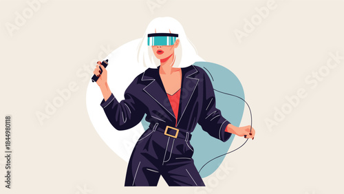 Stylish woman with white hair wearing futuristic VR glasses and a black jumpsuit, ready to explore the metaverse or virtual reality.