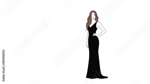 Elegant woman with long brown hair posing gracefully in a sophisticated, floor-length black evening gown in a minimalist style.