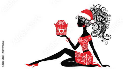 Elegant silhouette of a woman in a festive red dress and Santa hat, holding a Christmas gift box with a beautiful bow.