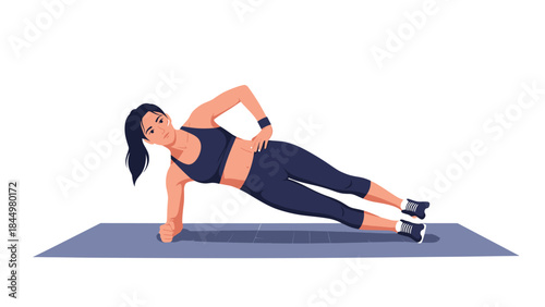 Focused young woman in athletic wear demonstrating proper form for the side plank exercise on a yoga mat for core conditioning.