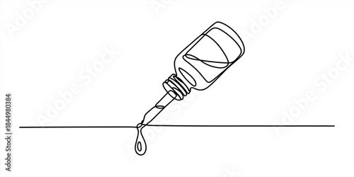 Minimalist one-line drawing illustration of a cosmetic serum dropper bottle and a single drop Vector, illustration