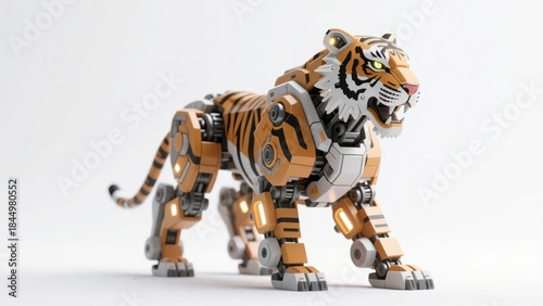 Mechanical tiger model with orange and black stripes, metallic joints, and glowing elements, standing in a dynamic pose against a white background