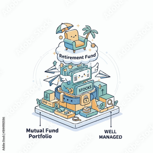 Isometric Illustration of a Well Managed Mutual Fund Portfolio and Retirement Fund Planning with Stocks and Money