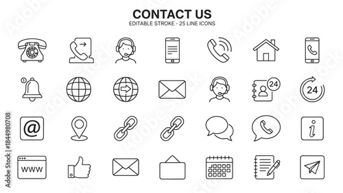 Collection of contact us line icons with various communication methods on transparent background
