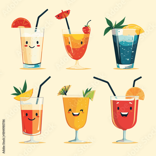 Set of groovy cocktail characters in retro style. Flat vector illustration. , vector style simple color