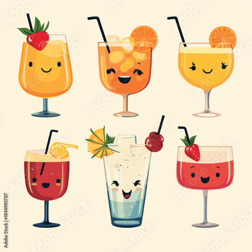 Set of groovy cocktail characters in retro style. Flat vector illustration. , vector style simple color