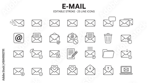 Collection of email icons with various symbols on transparent background