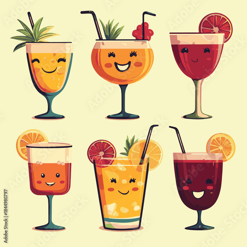 Set of groovy cocktail characters in retro style. Flat vector illustration. , vector style simple color