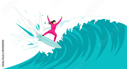 Excited woman in pink wetsuit surfing a large turquoise wave, performing a trick with water splashing.