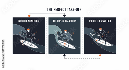 Infographic illustrating the perfect surfing take-off: paddling, pop-up transition, and riding the wave