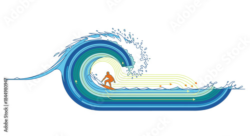 Surfer riding a massive blue wave, dynamic illustration with water splashes and abstract elements, representing extreme sports and ocean adventure