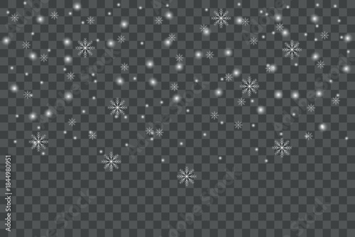 Falling snow particles and snowflakes overlay effect for winter holiday design, realistic white snow dots and crystals on transparent background