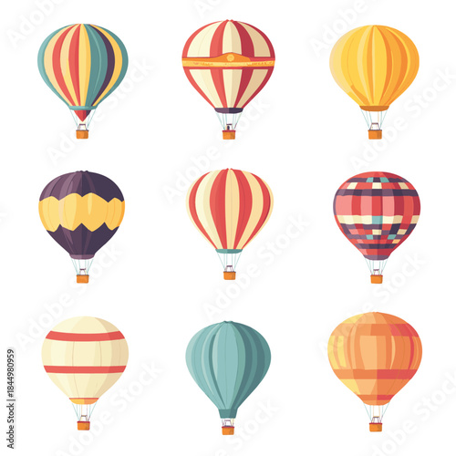 Set of flying hot air balloons on white background. Flat vector illustration. , vector style simple color