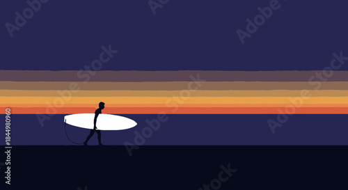 Silhouette of a surfer carrying a surfboard against a vibrant sunset sky over the ocean