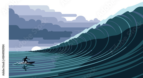 Minimalist illustration: lone surfer paddling colossal ocean wave under dramatic sky, capturing big wave surfing's thrill and power.