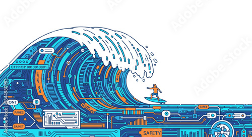 Surfer riding a massive digital wave composed of circuits, data streams, and network elements, symbolizing technological advancement and adaptation in the modern era.