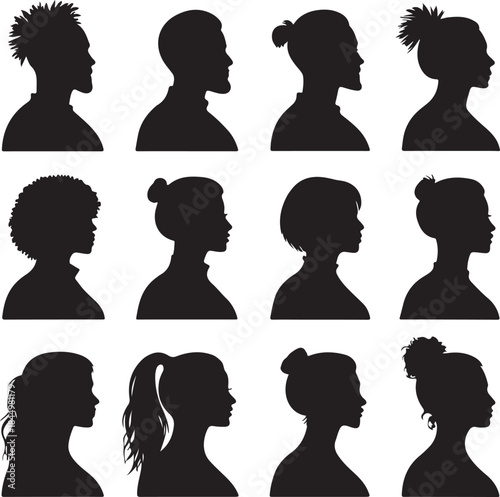 Minimal Black Silhouette Avatar Grid Icon Set, Diverse User Profile Placeholders, Modern UI Interface Design on White Background