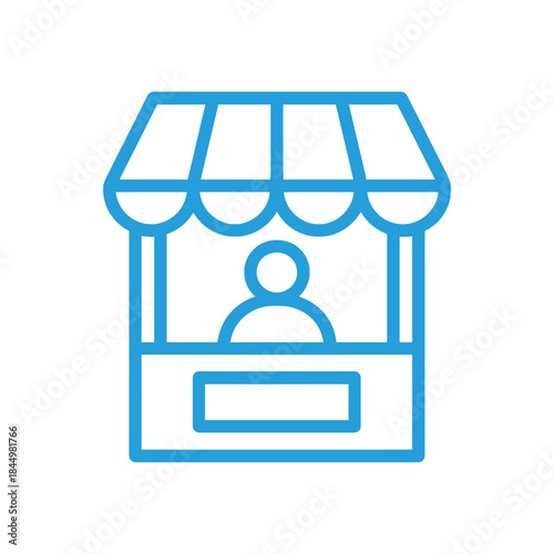 Simple blue line icon illustrating a vendor stand or market stall with a seller inside offering products for sale