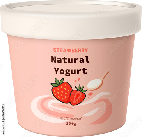 Realistic natural yogurt bucket cup product package, label with strawberry vector 3D mockup, round plastic container