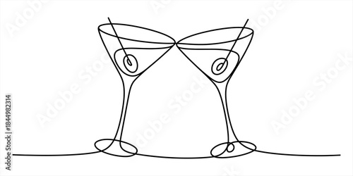 A continuous line drawing illustration of two martini glasses clinking together for a celebration Vector, illustration