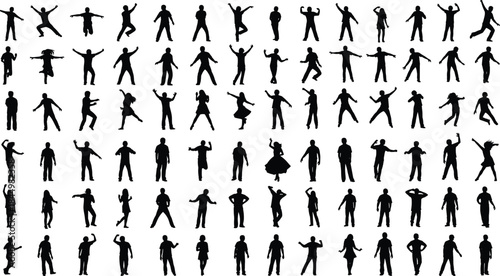 Massive collection of diverse people silhouettes vector illustration set, adults in various poses including standing, jumping, and dancing, representing action, fitness, and large group unity.