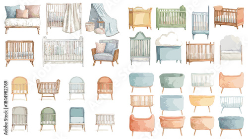 Soft watercolor baby crib and furniture illustration collection featuring pastel nursery beds and chairs perfect for interior design kids decor baby products and lifestyle branding.